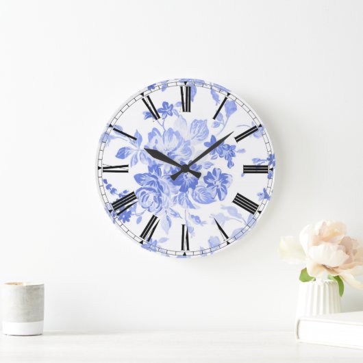 エレガントヴィンテージブルーホワイトフローラ時計 ラージ壁時計 (ホーム)