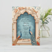 エレガントヴィンテージブルー金ゴールドピーコックスインディアン結婚ズ 招待状 (スタンド正面)