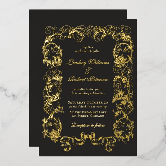 エレガントヴィンテージブ華美ラック金ゴールド 箔招待状 (正面/裏面)