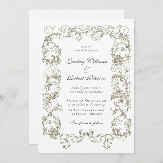 エレガントヴィンテージベージュ白華美フローラ結婚ズ 招待状 (正面/裏面)