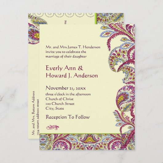 エレガントヴィンテージペイズリー結婚式招待状 インビテーションポストカード (正面/裏面)