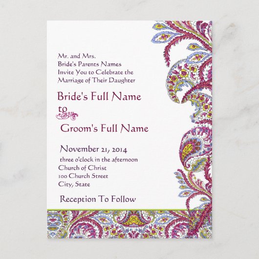 エレガントヴィンテージペイズリー結婚式招待状 インビテーションポストカード (正面)