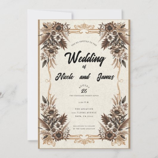 エレガントヴィンテージボヘミアン結婚フローラ 招待状 (正面)
