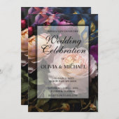 エレガントヴィンテージムーディピンマゼンタフローラ結婚 招待状 (正面/裏面)