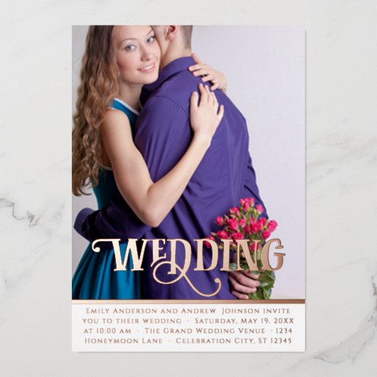 エレガントヴィンテージモダンバラ金ゴールド結婚写真Foi 箔招待状 (正面)