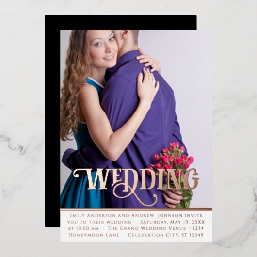 エレガントヴィンテージモダンバラ金ゴールド結婚写真Foi 箔招待状 (正面/裏面)