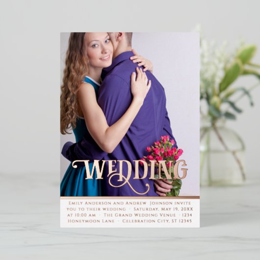 エレガントヴィンテージモダンバラ金ゴールド結婚写真Foi 箔招待状 (立ち正面)