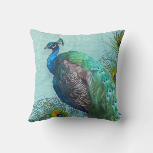 エレガントヴィンテージモダンピーコックフェザーズアクアブルー クッション (裏面)