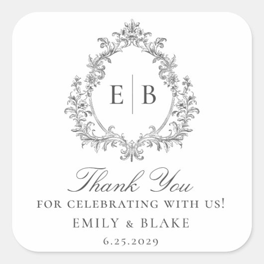 エレガントヴィンテージモノグラム結婚クレストのロゴ スクエアシール (正面)