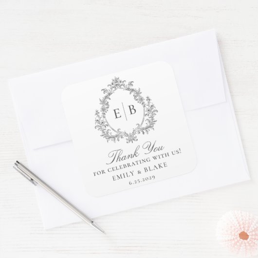 エレガントヴィンテージモノグラム結婚クレストのロゴ スクエアシール (封筒)