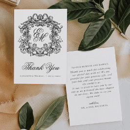 エレガントヴィンテージモノグラム結婚クレスト サンキューカード
