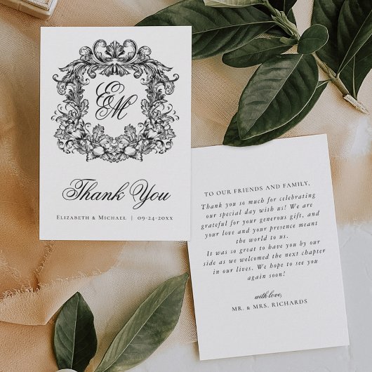 エレガントヴィンテージモノグラム結婚クレスト サンキューカード