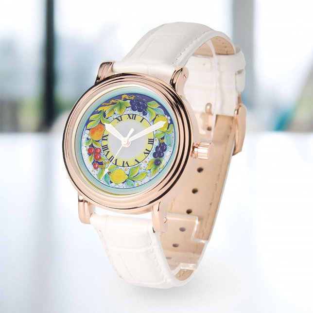 エレガントヴィンテージラブイタリアンルなデルタの水色 腕時計 (Zazzle Elegant Vintage Lovely Italian Deruta Watercolor Watch)