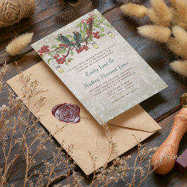 エレガントヴィンテージラブバード赤結婚銀 招待状