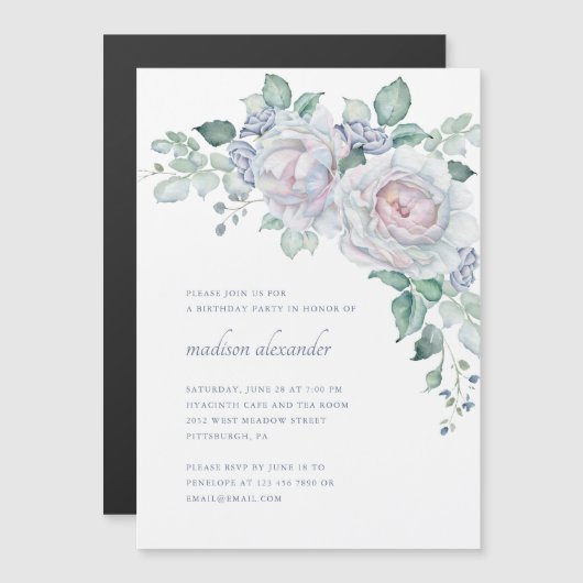 エレガントヴィンテージルックフローラ誕生日パーティー マグネット招待状 (正面/裏面)