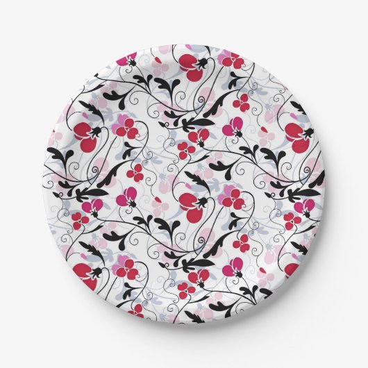 エレガントヴィンテージレッドブラック装飾フローラつる植物 ペーパープレート (正面)