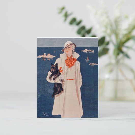 エレガントヴィンテージレディとスコティ犬はがき ポストカード (スタンド正面)