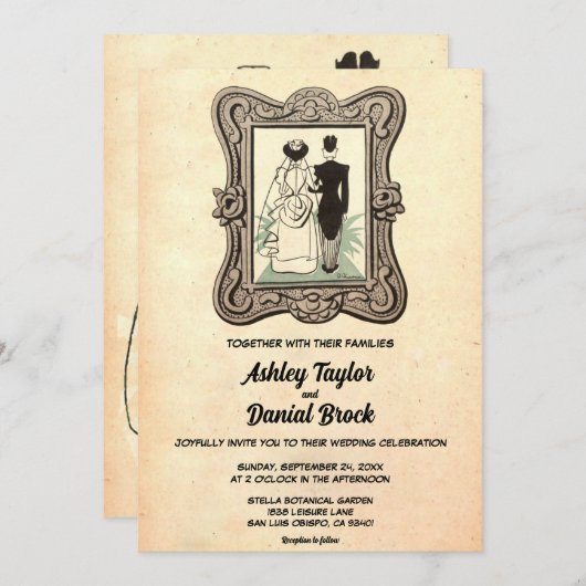 エレガントヴィンテージレトロオールド素朴結婚カップル 招待状 (正面/裏面)