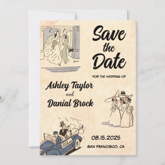 エレガントヴィンテージレトロ漫画結婚式日付の保存 招待状 (正面)