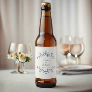 エレガントヴィンテージロマンスダスティブルーフローラ結婚ズ ビールラベル