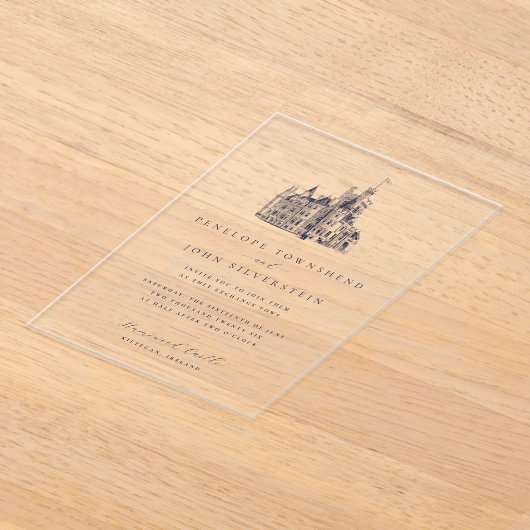 エレガントヴィンテージ城イラストレーション結婚ズ アクリル招待状 (レイダウン)