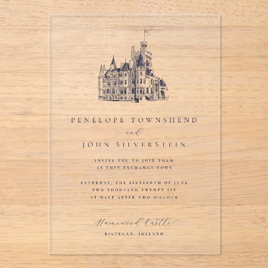 エレガントヴィンテージ城イラストレーション結婚ズ アクリル招待状 (正面)