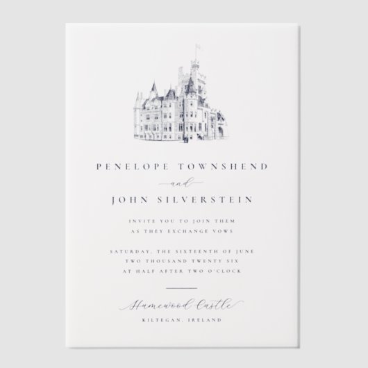 エレガントヴィンテージ城イラストレーション結婚ズ ベラム紙招待状 (正面)