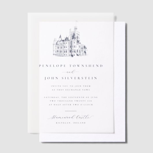 エレガントヴィンテージ城イラストレーション結婚ズ ベラム紙招待状 (オフセット)