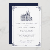 エレガントヴィンテージ城イラストレーション縁ど結婚ズ 招待状 (正面/裏面)