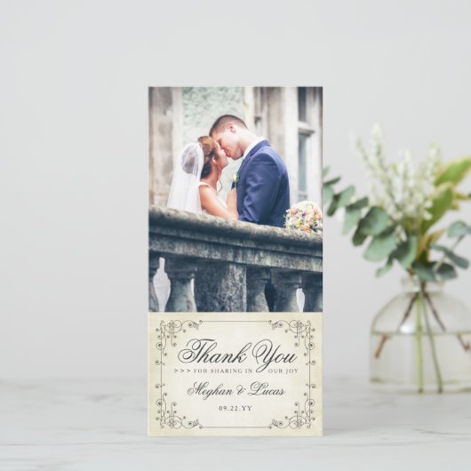 エレガントヴィンテージ擦り切れた紙ルック結婚ス サンキューカード (スタンド正面)