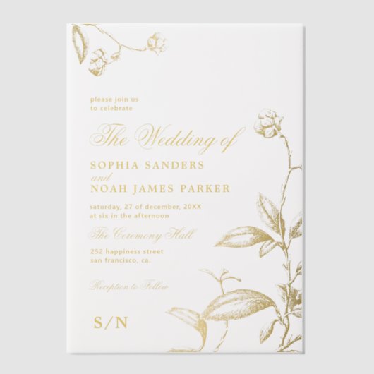 エレガントヴィンテージ植物性金ゴールド書結婚書 ベラム紙招待状 (正面)