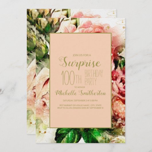 エレガントヴィンテージ水彩フローラ100誕生日 招待状 (正面/裏面)