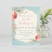 エレガントヴィンテージ水色ブルーフローラ結婚ズ 招待状 (スタンド正面)