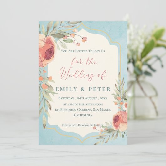エレガントヴィンテージ水色ブルーフローラ結婚ズ 招待状 (スタンド正面)