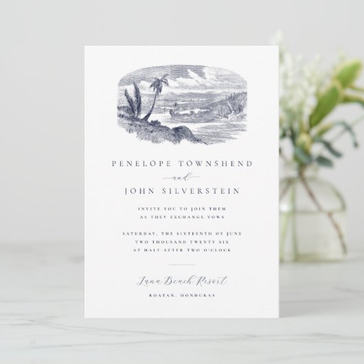 エレガントヴィンテージ熱帯ビーチ行先結婚式 招待状 (スタンド正面)