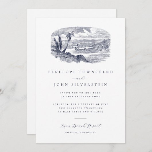 エレガントヴィンテージ熱帯ビーチ行先結婚式 招待状 (正面/裏面)