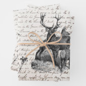 エレガントヴィンテージ白黒ディアワイルドフラワースクリプト ラッピングペーパーシート (インサイチュ)