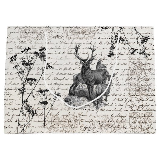 エレガントヴィンテージ白黒ディアワイルドフラワースクリプト ラージペーパーバッグ (正面)