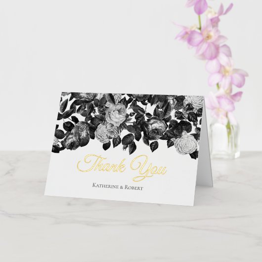 エレガントヴィンテージ白黒バラ（メッセージあり） 箔グリーティングカード (蘭)