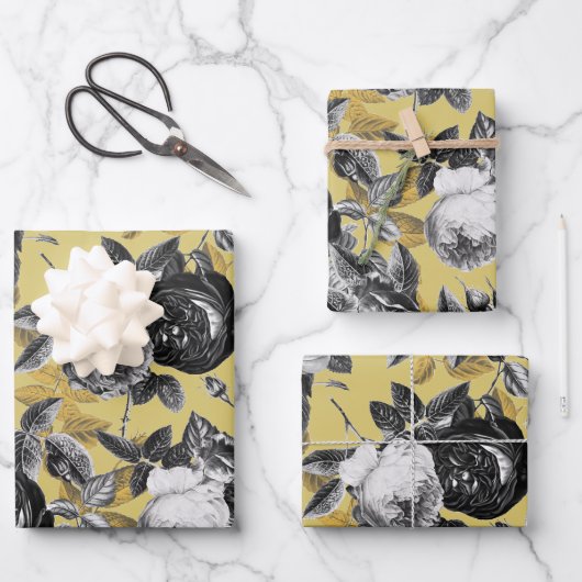 エレガントヴィンテージ白黒金ゴールドバラフローラ ラッピングペーパーシート (正面)