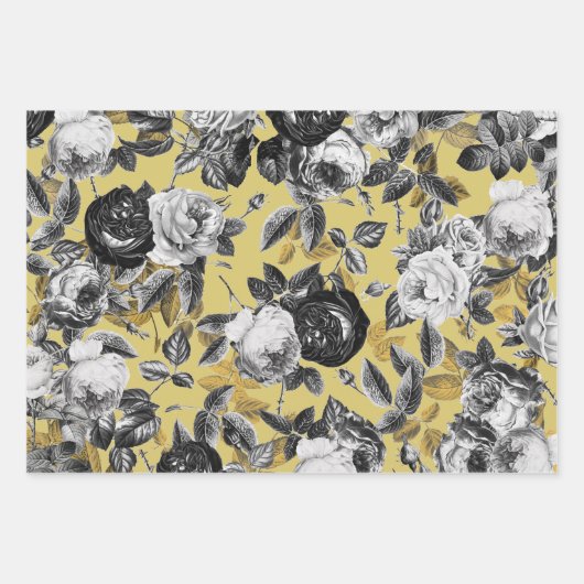 エレガントヴィンテージ白黒金ゴールドバラフローラ ラッピングペーパーシート (正面3)