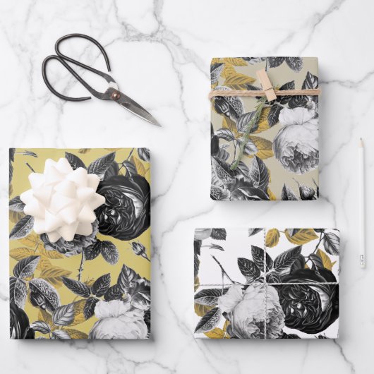 エレガントヴィンテージ白黒金ゴールドベージュバラフローラ ラッピングペーパーシート (正面)