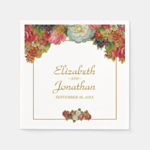 エレガントヴィンテージ秋のフローラ金ゴールド&ホワ結婚イト スタンダードカクテルナプキン