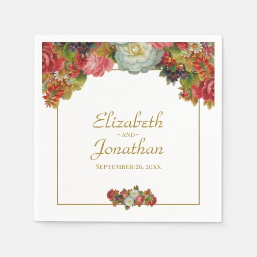 エレガントヴィンテージ秋のフローラ金ゴールド&ホワ結婚イト スタンダードカクテルナプキン (正面)