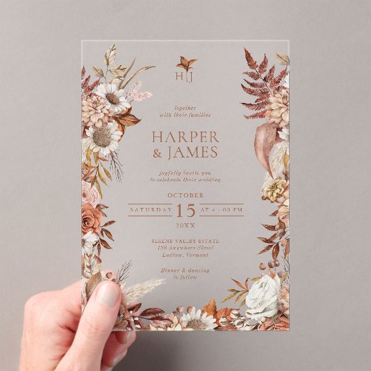 エレガントヴィンテージ秋フローラフレ結婚ーム アクリル招待状 (インサイチュ (ポータブル))