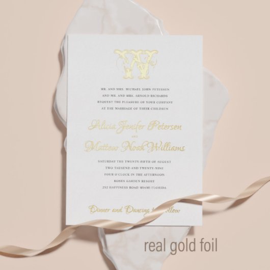 エレガントヴィンテージ箔モノグラフォーマルム結婚金ゴールド 箔招待状
