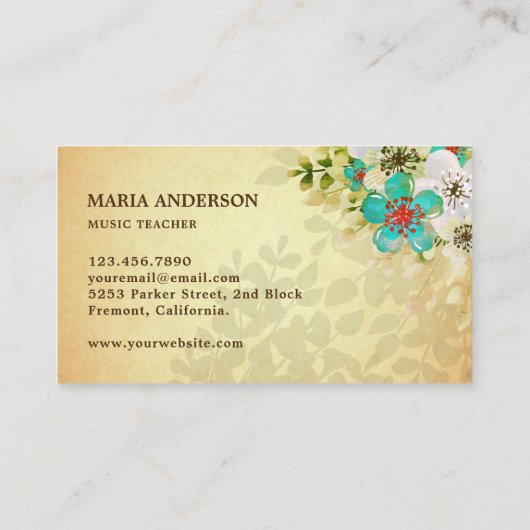 エレガントヴィンテージ素朴フローラハープ音楽先生 名刺 (裏面)