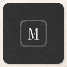 エレガントヴィンテージ素朴ブラック・グレー・レザー・モノグラム スクエアペーパーコースター