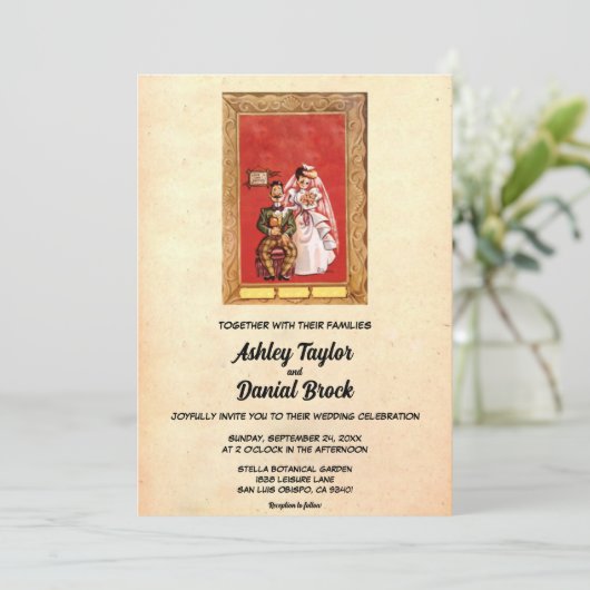 エレガントヴィンテージ素朴漫画本結婚の 招待状 (スタンド正面)