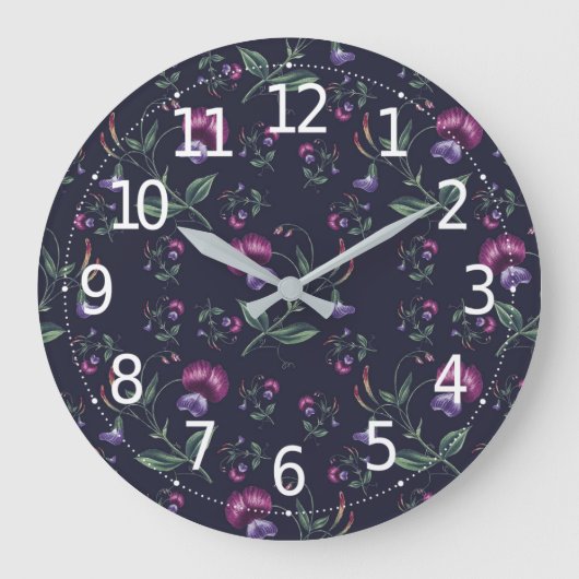 エレガントヴィンテージ紫の蘭の花の模様 | ラージ壁時計 (正面)